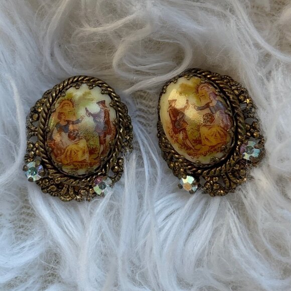 Vintage West Germany Victoria Clip-On Earrings Painted Romantic  Rhinestones - Picture 1 of 9